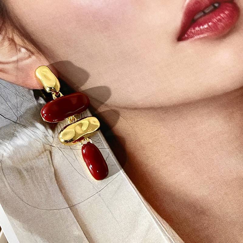 Red Stone Drop Earrings with Gold Detailing Hunan Haoyi Gift Co., Ltd.