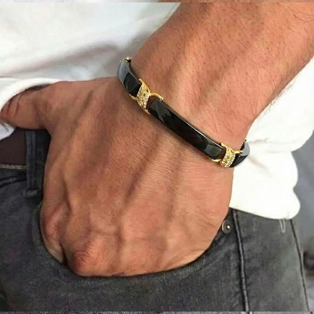 Gold Plated Black Rectangle Ceramic Men Bracelet Silvish