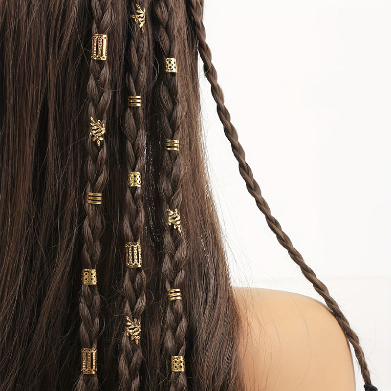 Boho Hair Braid Accessories Set with Gold Beads & Rings