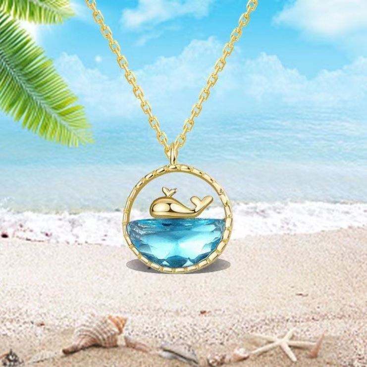 Ocean Whale Pendant Necklace with Blue Crystal