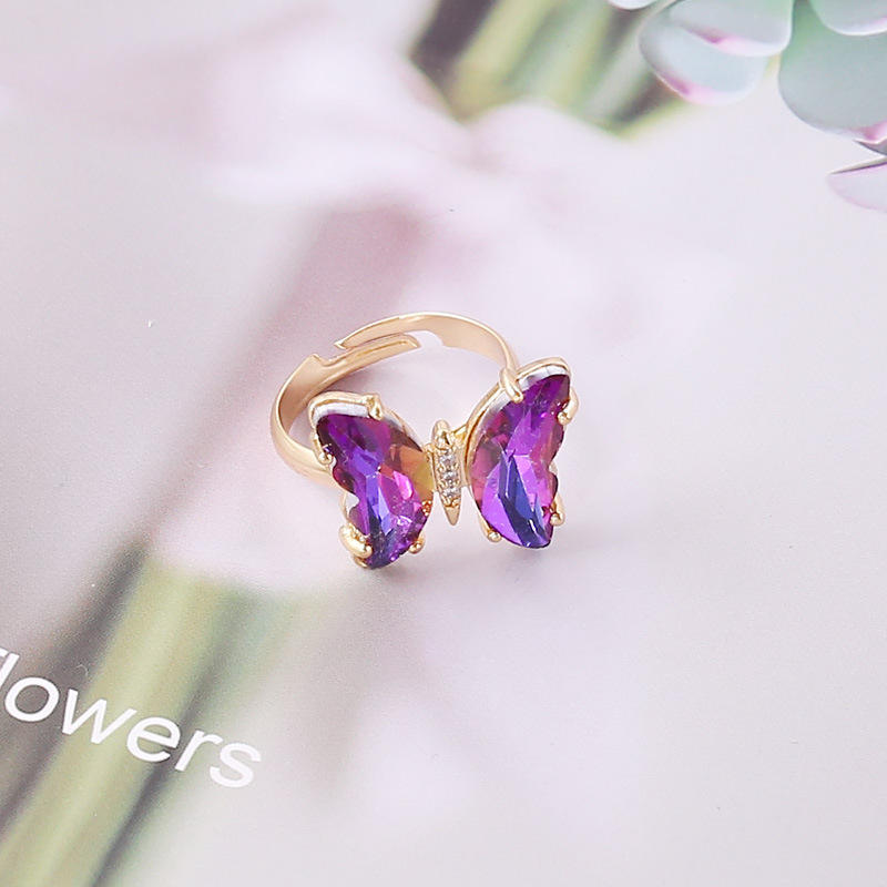 Gold Butterfly Crystal Adjustable Ring Hunan Haoyi