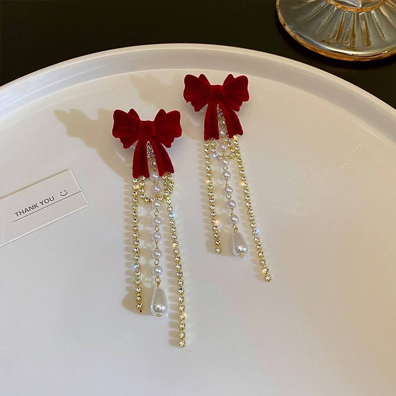 Red Velvet Bow Tassel Earrings with Pearl Drops Yiwu Zhuchai E-Commerce Firm