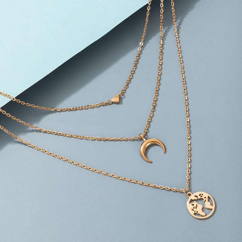 Layered Gold Necklace Set with Heart, Crescent Moon & World Charm Hunan Haoyi Gift Co., Ltd.