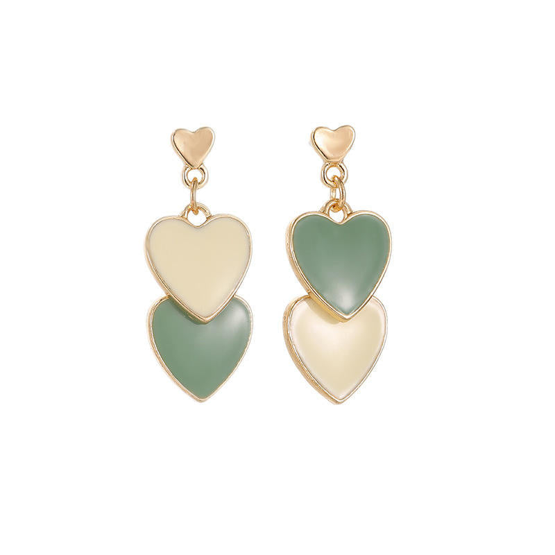 Layered Heart Drop Earrings in Green & White Yiwu Baochai E-Commerce Firm