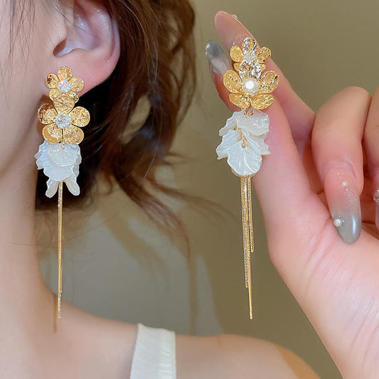 Floral Crystal Drop Earrings with Sheer Petal Accents Yiwu Baochai E-Commerce Firm