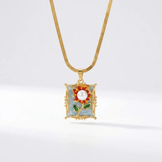 Gold Flat Chain Necklace with Floral Pearl Pendant Hunan Haoyi Gift Co., Ltd.