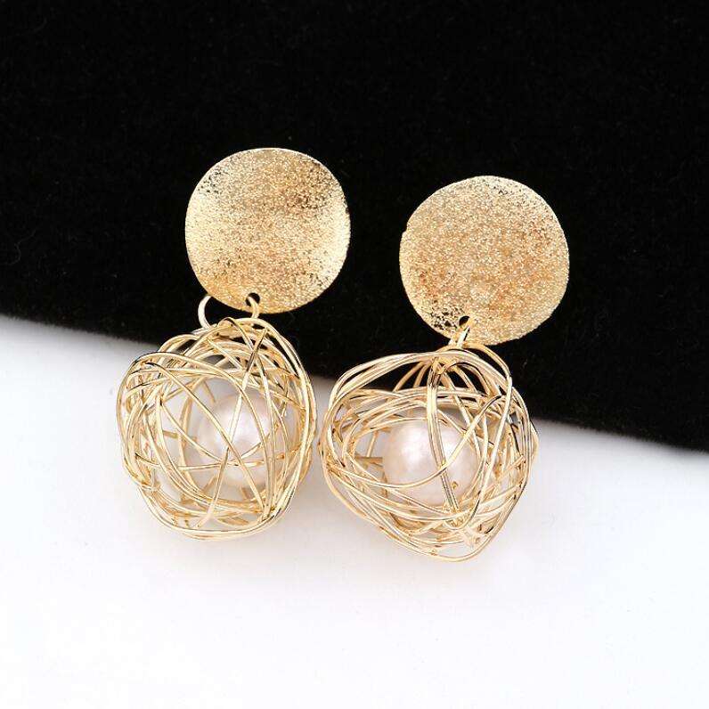 Gold Wire Ball Drop Earrings with Pearl Center Yiwu Baochai E-Commerce Firm