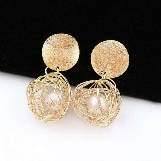 Gold Wire Ball Drop Earrings with Pearl Center Yiwu Baochai E-Commerce Firm