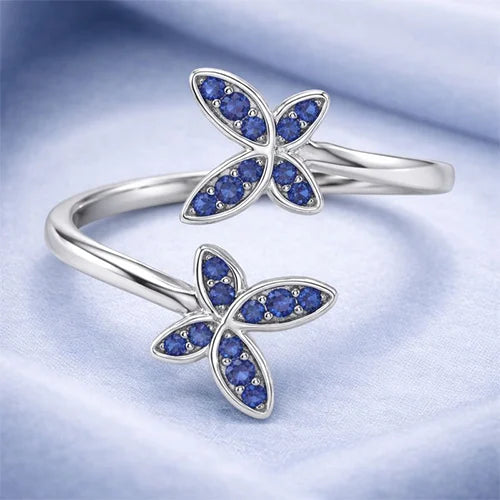 925 Sterling Silver Indigo Flower Duet Ring
