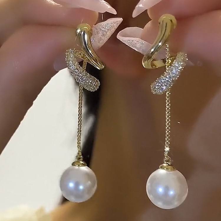 Gold Abstract Chain Drop Earrings with Pearl Yiwu Baochai E-Commerce Firm