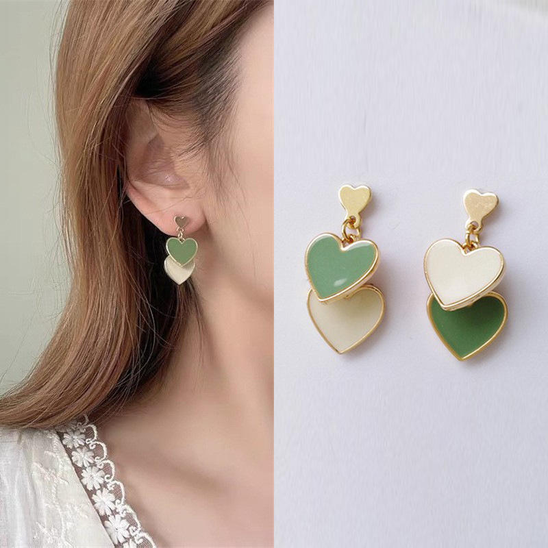 Layered Heart Drop Earrings in Green & White Yiwu Baochai E-Commerce Firm
