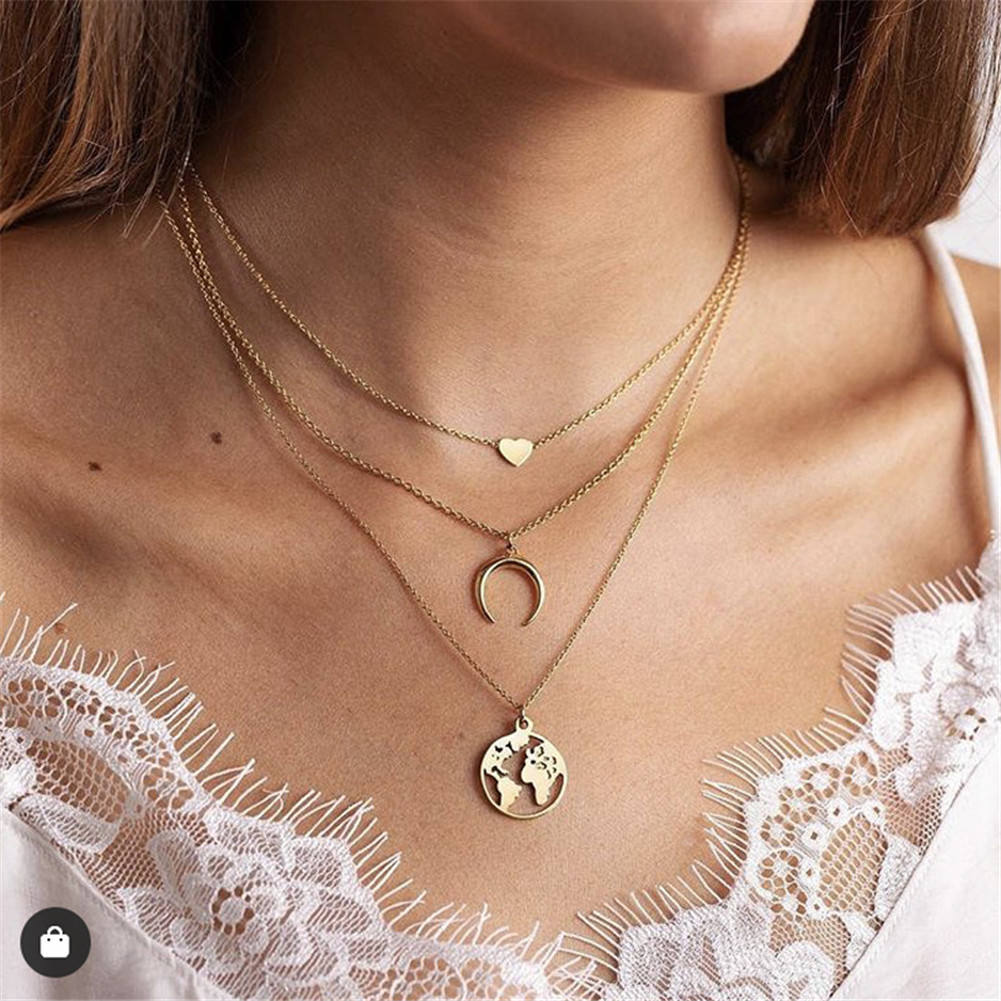 Layered Gold Necklace Set with Heart, Crescent Moon & World Charm Hunan Haoyi Gift Co., Ltd.