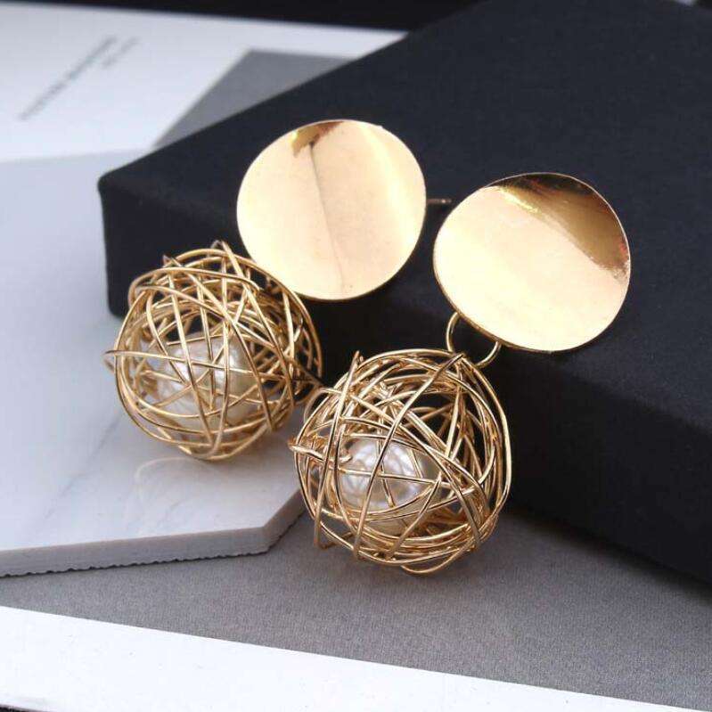 Gold Wire Ball Drop Earrings with Pearl Center Yiwu Baochai E-Commerce Firm