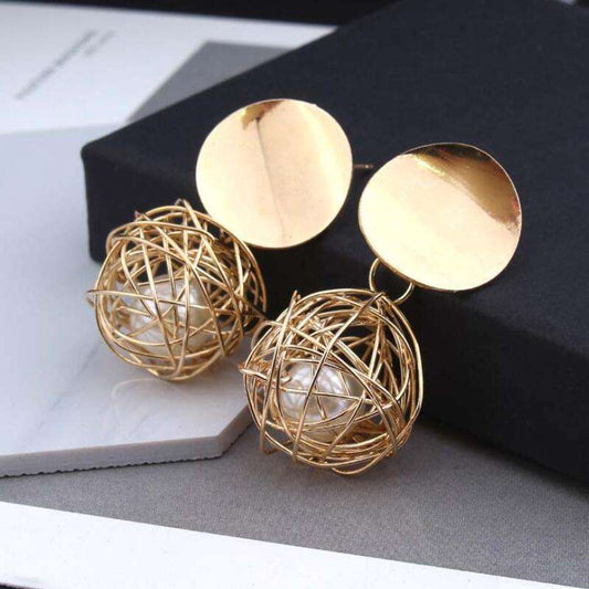 Gold Wire Ball Drop Earrings with Pearl Center Yiwu Baochai E-Commerce Firm