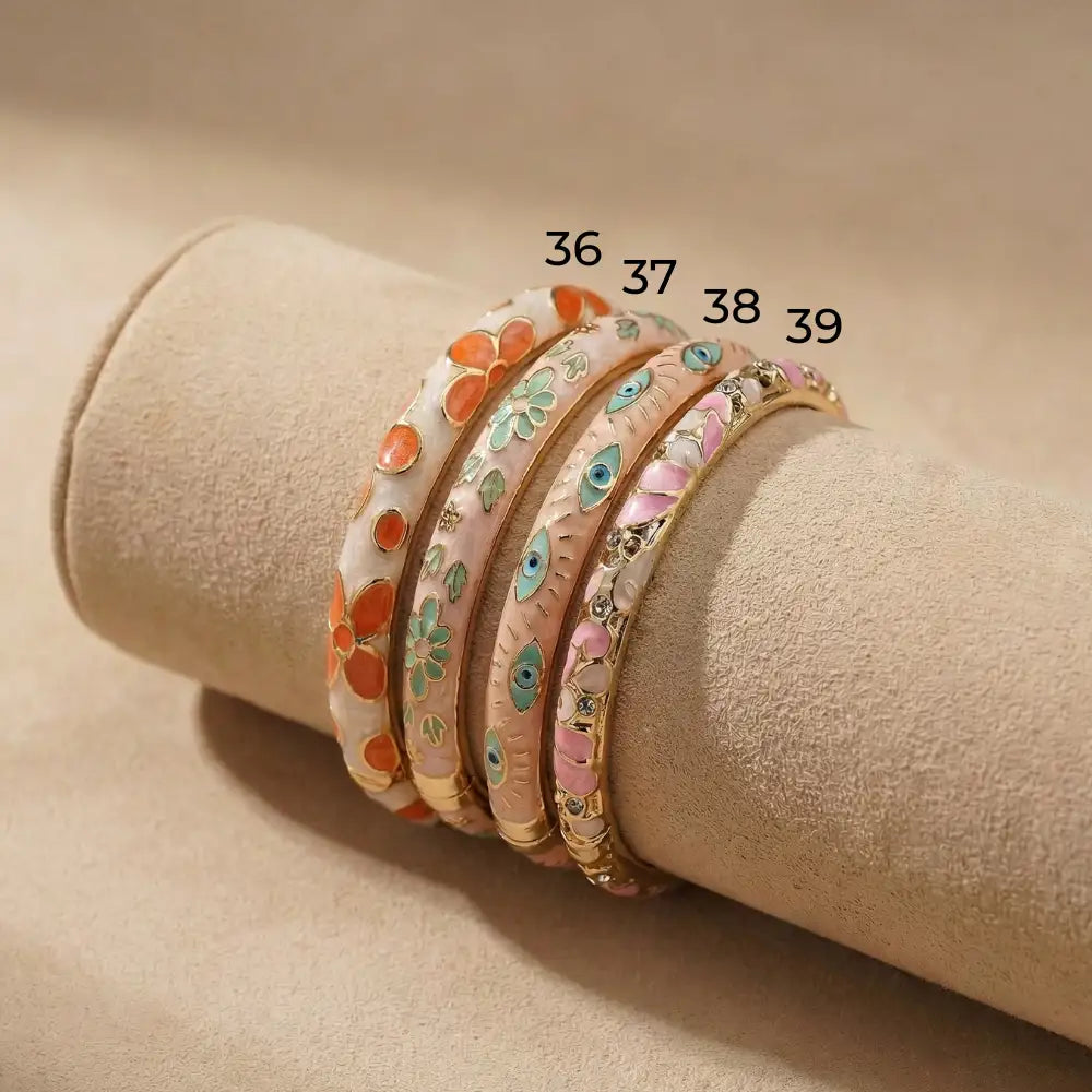 Peach Floral Enamel Gold Plated Bangle (Openable)