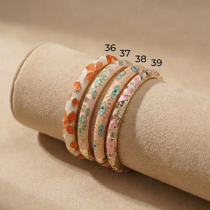 Peach Floral Enamel Gold Plated Bangle (Openable)