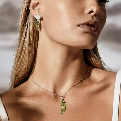 Emerald Breeze Feather Pendant & Earring Set (925 Sterling Silver)