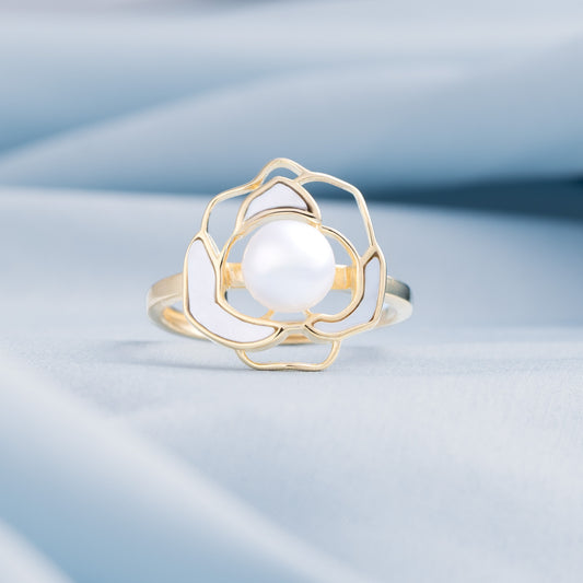 Camellia Pearl Gold Plated Ring