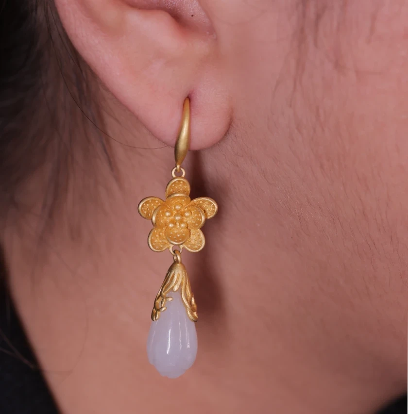 Gold Plated Gilded Plum Blossom Drop Golden Flowers Earrings