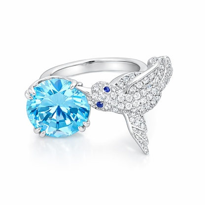 Silver Hummingbird Open Blue Gem Ring
