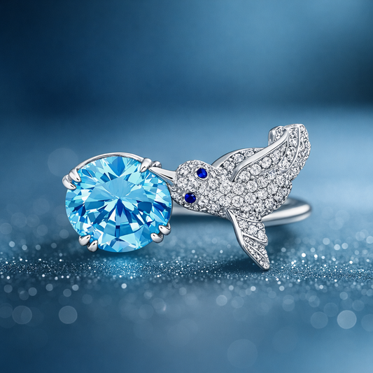 Silver Hummingbird Open Blue Gem Ring