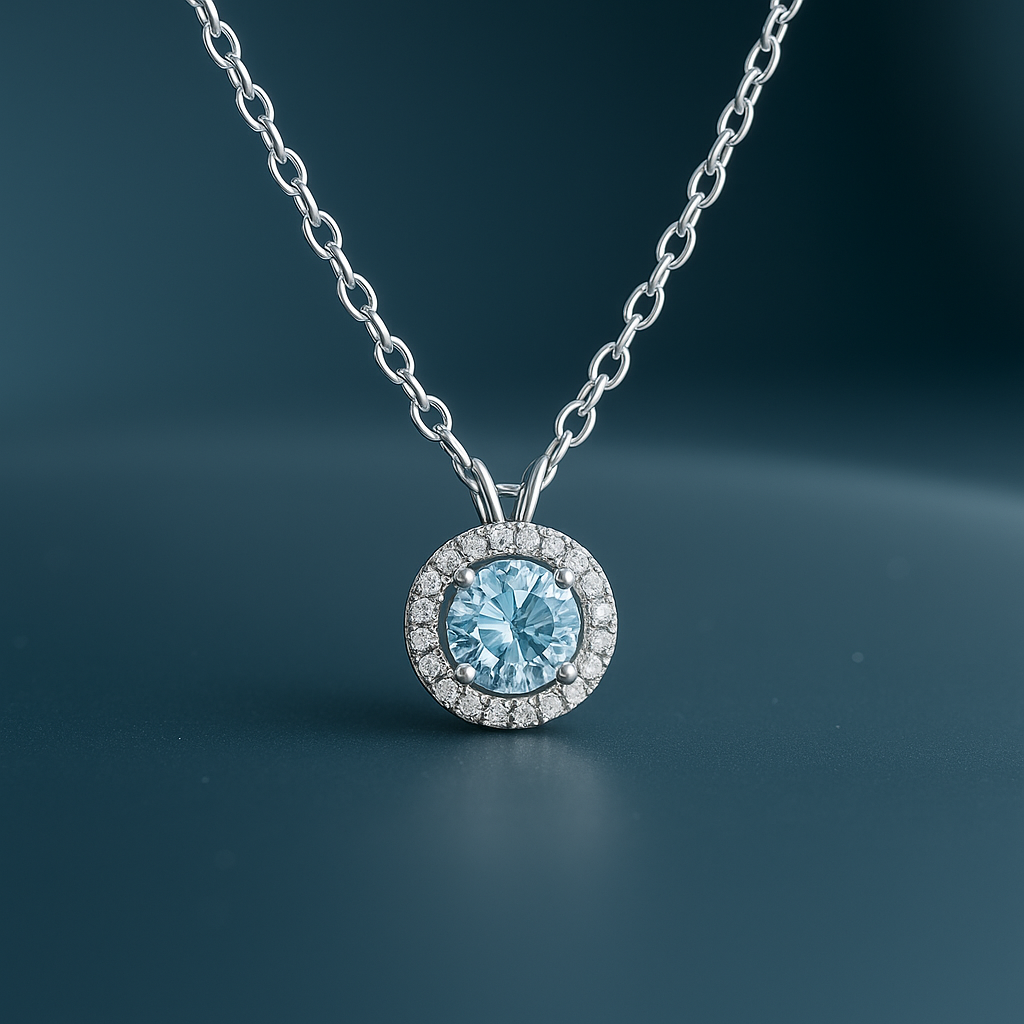 Silver Round Crystal Blue Gem Pendant