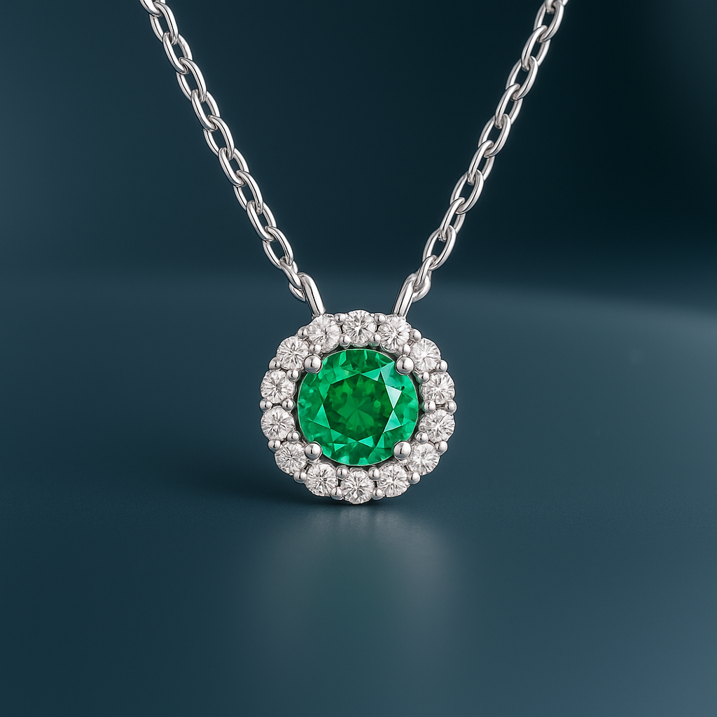 Silver Round Crystal Green Gem Pendant