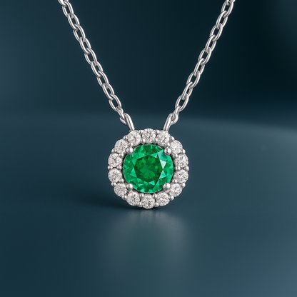 Silver Round Crystal Green Gem Pendant