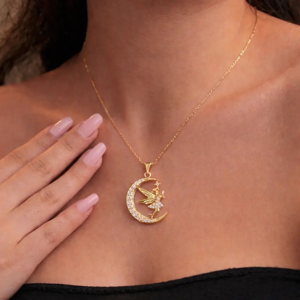 Gold Plated Half Moon Zircon Angel Pendant Silvish