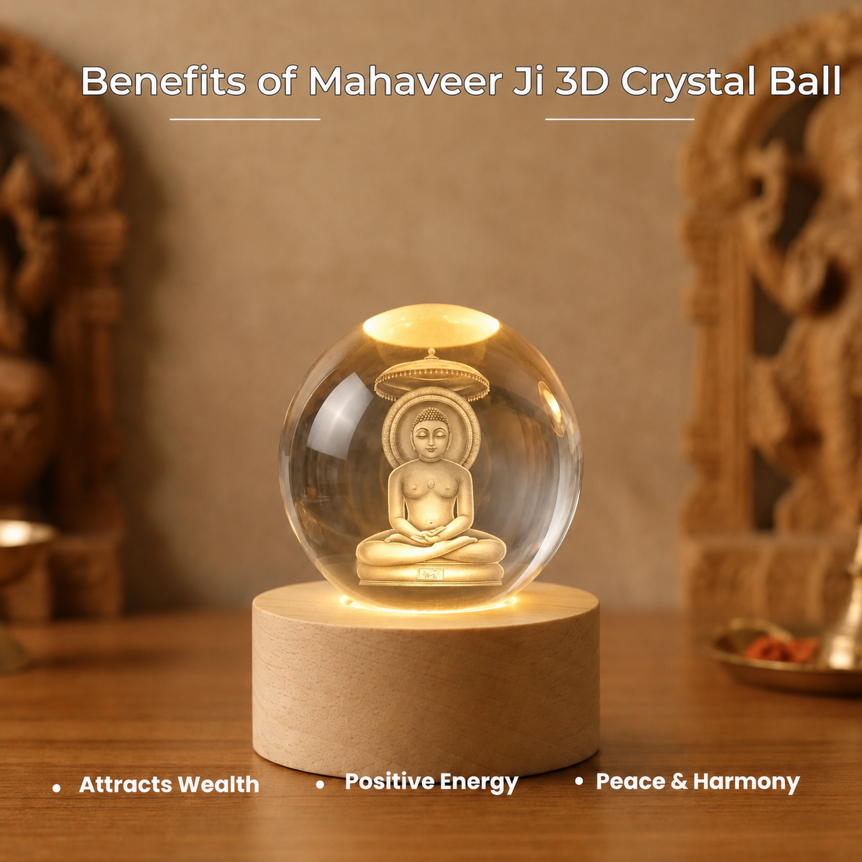 Lord Mahaveer 3D Crystal Ball Lamp Silvish