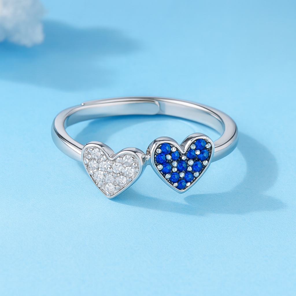 Silver Twin Hearts Adjustable Ring