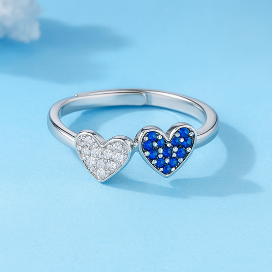 Silver Twin Hearts Adjustable Ring