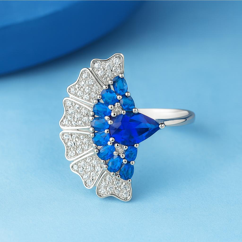 Silver Blue Crystal Fish Adjustable Ring