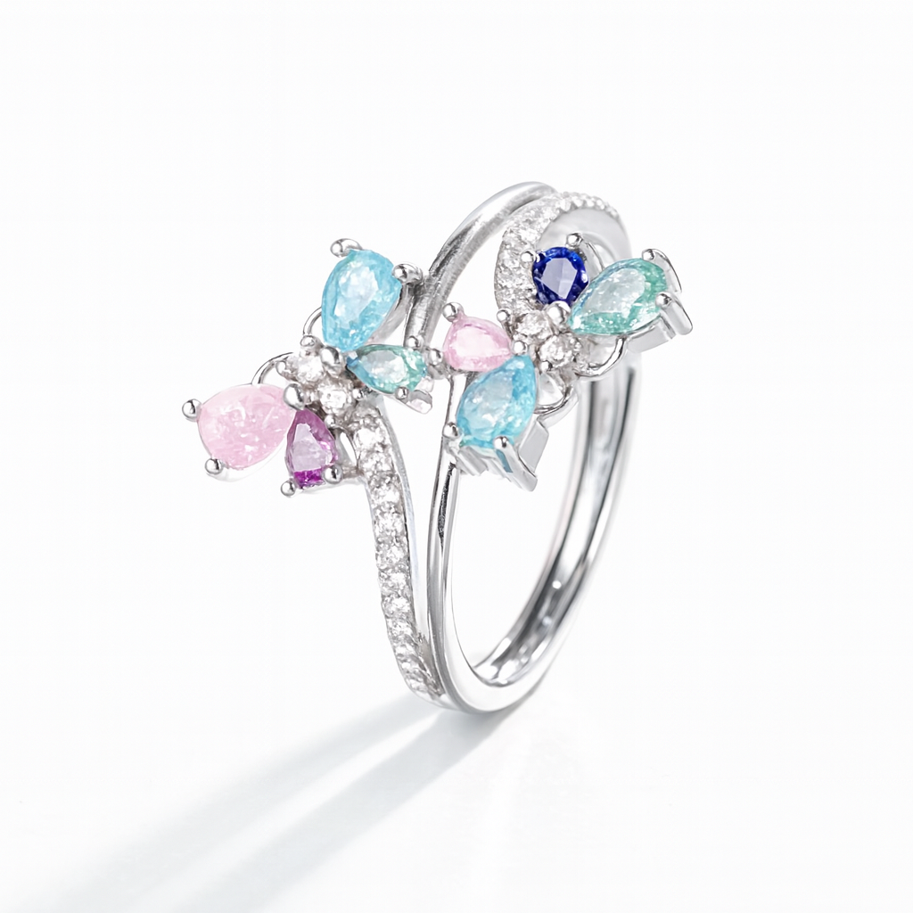 Silver Multicolor Gemstone Butterfly Ring
