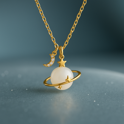 Gold Plated Stellar Saturn Moonstone Glow Pendant
