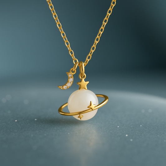 Gold Plated Stellar Saturn Moonstone Glow Pendant