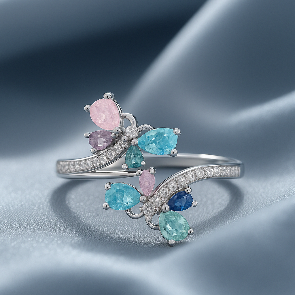Silver Multicolor Gemstone Butterfly Ring