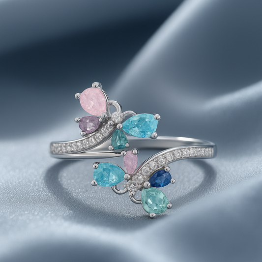 Silver Multicolor Gemstone Butterfly Ring