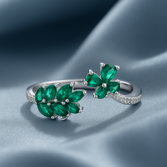 Silver Green Gemstone Leafs Ring