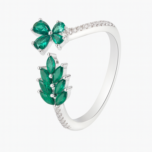 Silver Green Gemstone Leafs Ring