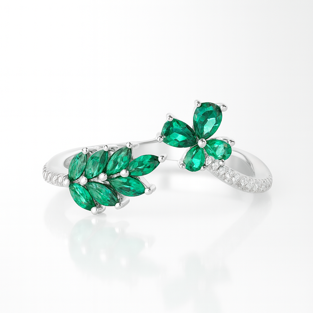 Silver Green Gemstone Leafs Ring