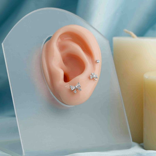 Silver Bow Knot Floral White Stone Stud Set