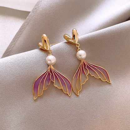 Gold heart pearl mermaid tail drop earrings