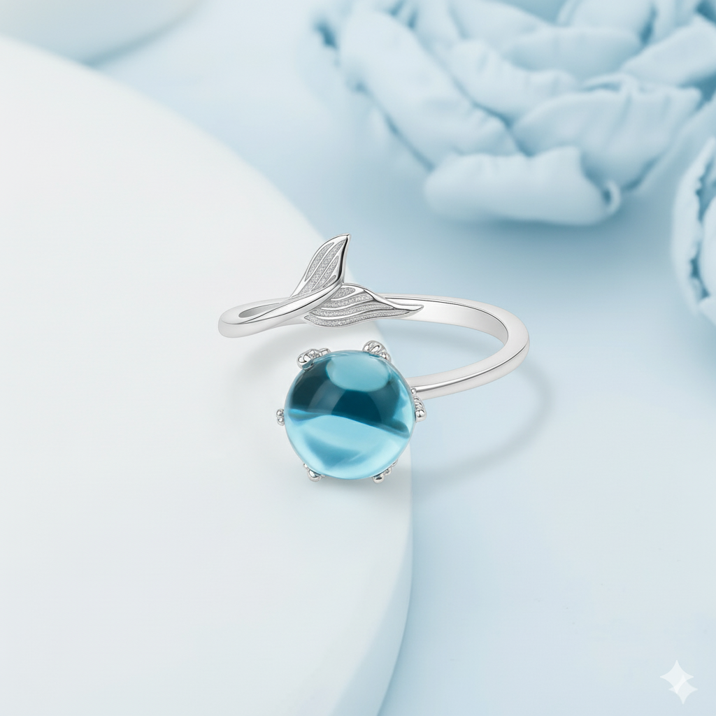 Silver Blue Crystal Mermaid Stone Ring Silvish