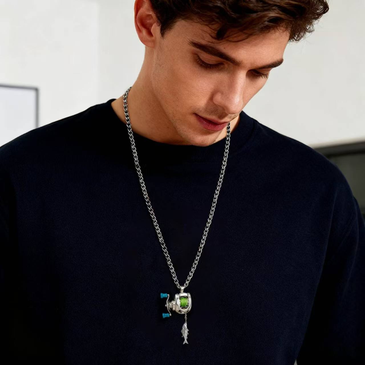 Fish Reel Hook Necklace Silvish