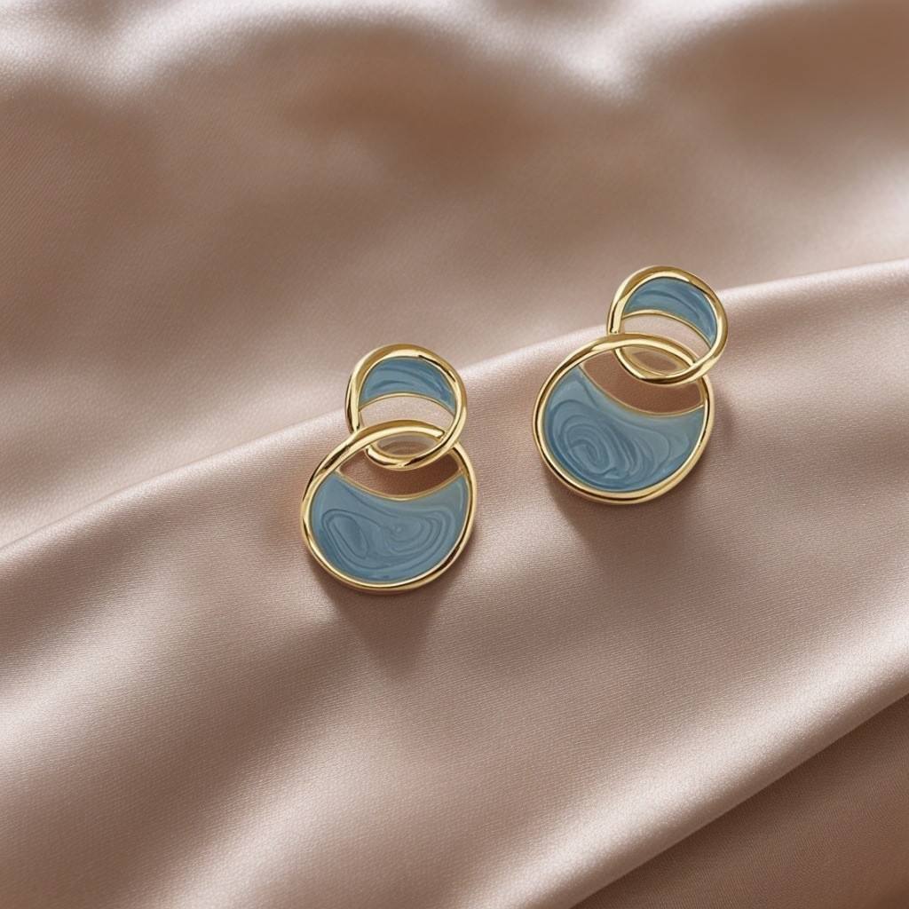 Korean Geometric Double Arc Blue Drop Earrings