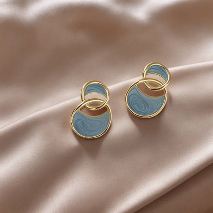 Korean Geometric Double Arc Blue Drop Earrings
