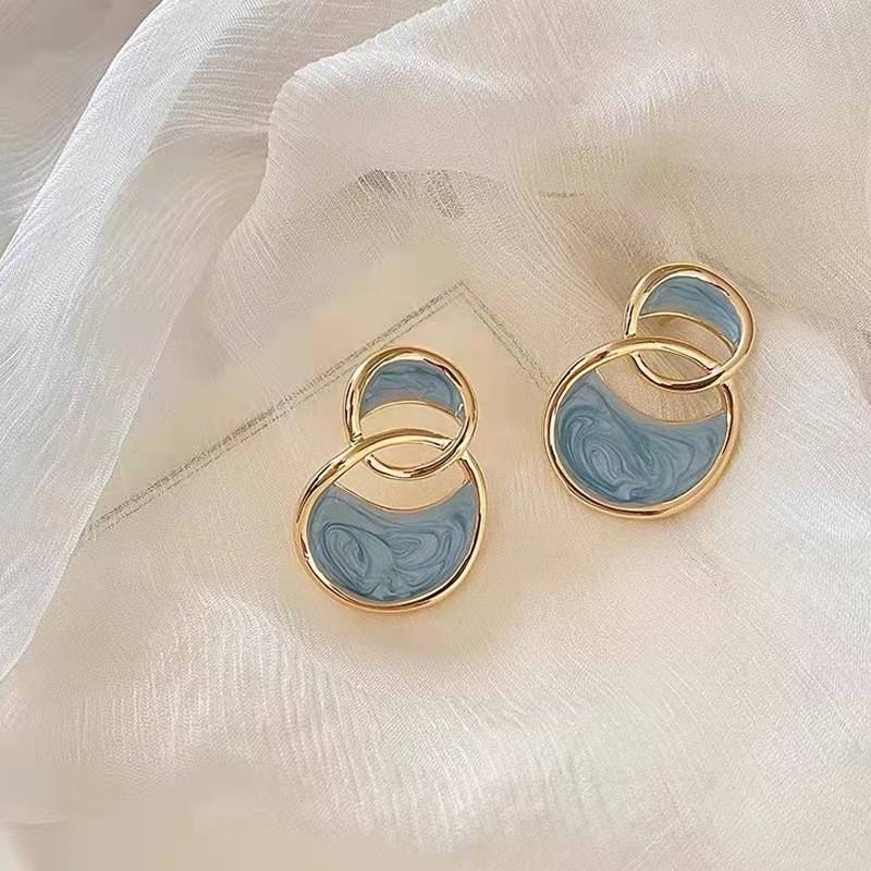 Korean Geometric Double Arc Blue Drop Earrings