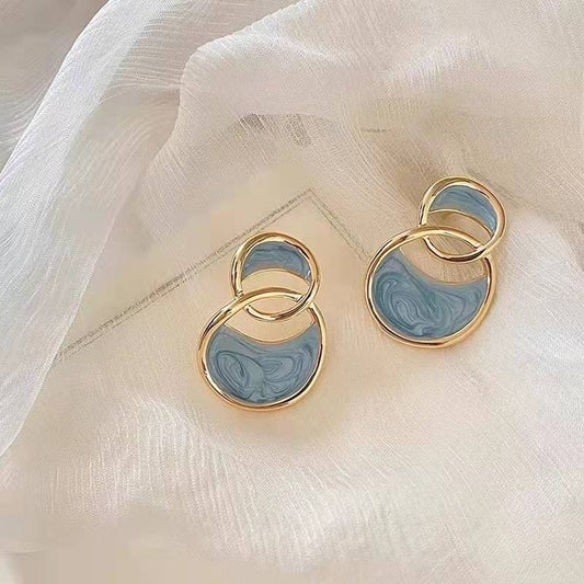 Korean Geometric Double Arc Blue Drop Earrings