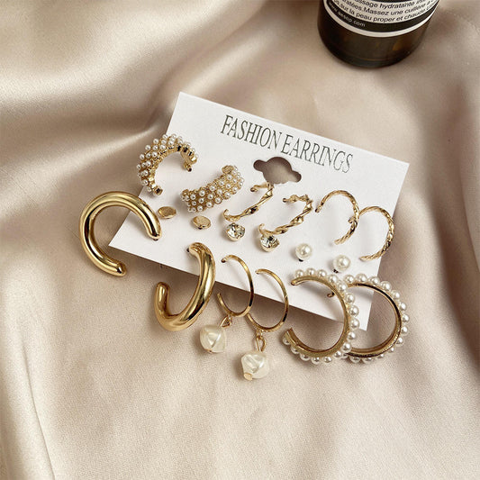 9 Pairs Gold Pearl Earrings Set Yiwu Zhuchai E-Commerce Firm